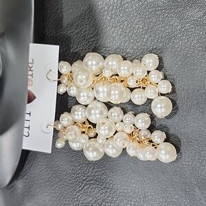 GOLD and FAUX PEARL CLUSTER DANGLE EARRINGS